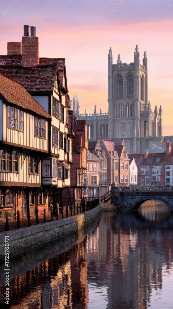 Fototapeta premium Serene riverside view of historic buildings at sunset, with a grand cathedral in the background