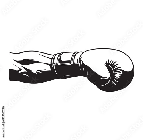 Detailed black and white illustration of a boxer's arm and boxing glove ready to punch