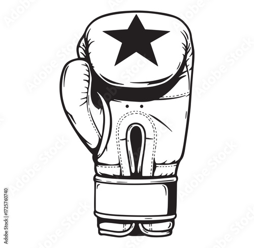 Detailed black and white illustration of a boxing glove with star symbol on white background