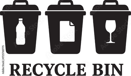 Recycle bin silhouettes for glass plastic and paper waste disposal and recycling