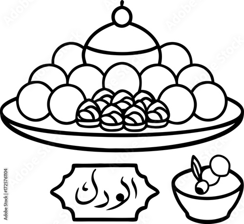Outline of traditional Eid sweets tray shemai and dates isolated vector, Ramadan festive food illustration, Black silhouette of Eid dessert tray, Heritage cultural celebration vector artwork