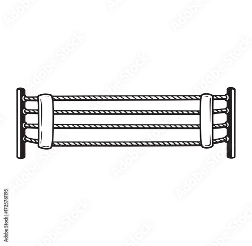 Illustrated black and white boxing ring ropes and posts isolated on a white background
