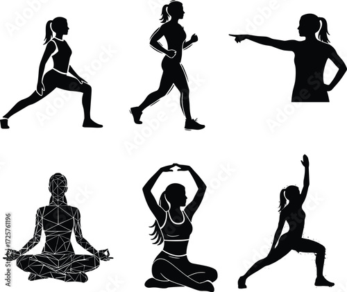 Silhouette, female, fitness, athlete, exercise, workout, training, yoga, meditation, stretching, running, lunge, warrior, posture, activity, body, pose, motion, health, strength, energy