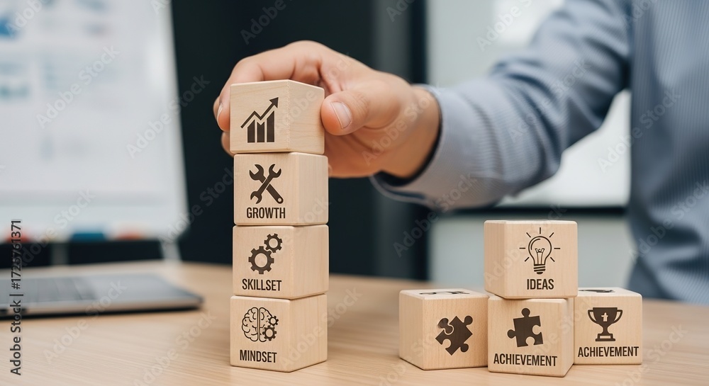 Obraz premium Wooden Blocks Stacked High Representing Growth, Skillset, Mindse