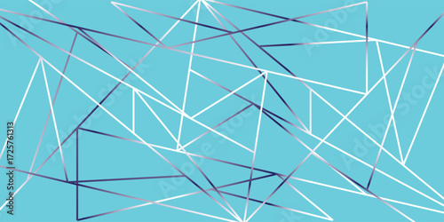 Abstract geometric mesh of intersecting blue and white lines forming a chaotic triangular pattern with a subtle metallic sheen.