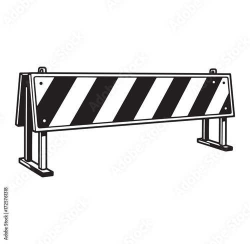 Monochrome illustration of a construction road barrier with black and white stripes