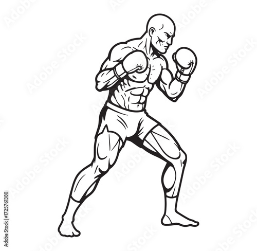 Muscular boxer in a fighting stance preparing for a punch in black and white