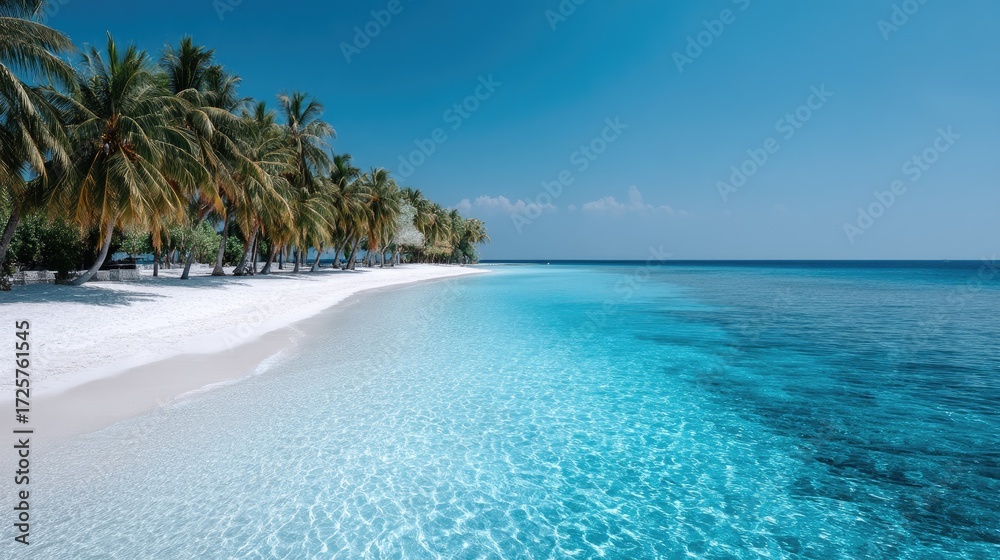 Fototapeta premium Tropical Island Paradise With Turquoise Water White Sand and Palm Trees Under a Clear Blue Sky Perfect for a Vacation Destination Travel Background