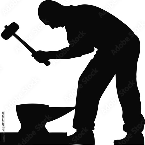Silhouette of blacksmith hammering metal isolated vector, Traditional metalworking illustration, Blacksmith at work silhouette, Heritage craft and forging vector artwork