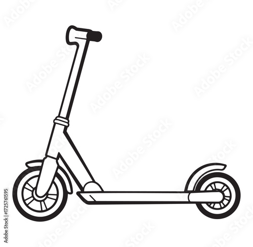 Simple black and white illustration of a modern kick scooter suitable for children