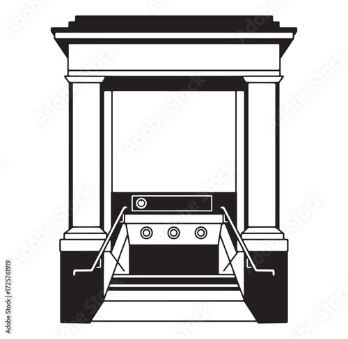 Vector illustration of classic subway entrance featuring columns and stairway in black and white