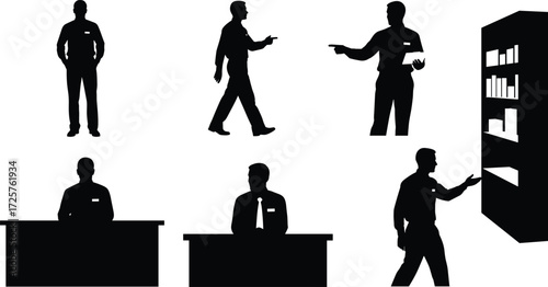 Silhouette, male, business, professional, office, worker, employee, manager, corporate, meeting, desk, sitting, standing, pointing, walking, posture, activity, motion, body, pose, action