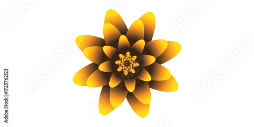 Symmetrical golden-yellow flower with layered pointed petals and a dark intricate center.
