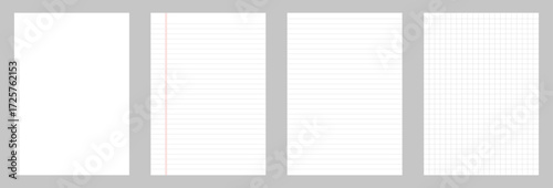 Vector set of spiral notebook pages including blank, lined, ruled, and grid paper templates. Perfect for stationery, school, office, notes, sketching, and academic design projects.
