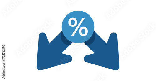 Percentage symbol within blue circle and diverging arrows, representing financial distribution, data analysis, and resource allocation