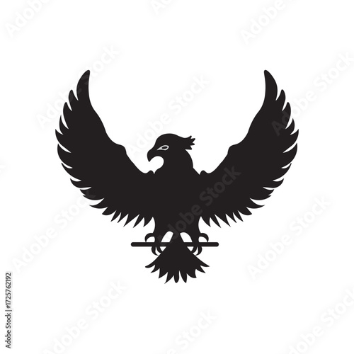 A black eagle silhouette vector logo isolated on white background. Flying hawk silhouette perfect for logos, tattoos, or wildlife-themed designs. Flying bird vector illustration.