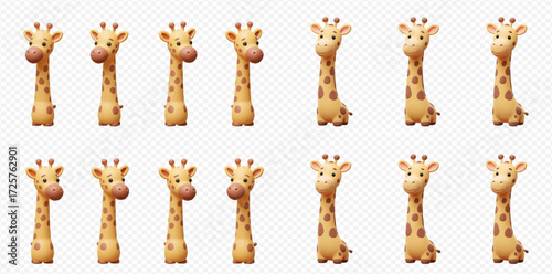 A collection of cute, stylized 3D cartoon giraffes with long necks and spotted bodies, standing and looking forward on a transparent background.