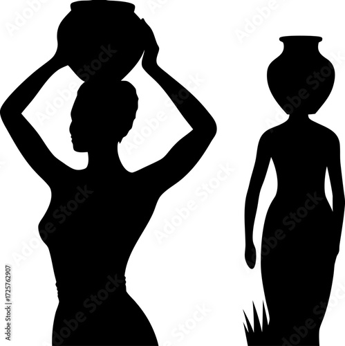 Silhouette of water carrier woman with clay pot isolated vector, Traditional rural occupation illustration, Black folk woman carrying water, Heritage village daily life vector artwork