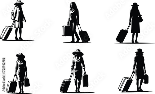 Stylish traveler silhouettes with suitcases and hats, walking poses, black and white vector illustration, fashion travel, mobility, modern lifestyle, motion