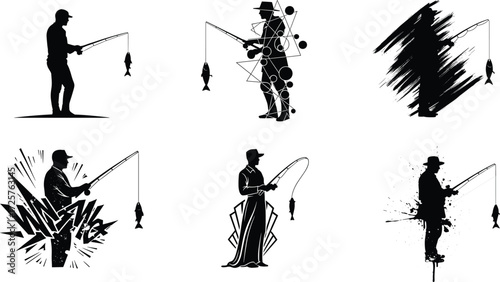Stylized fishing silhouettes, creative poses, abstract and comic designs, black and white vector illustration, outdoor activity, fish catch moment, artistic variation