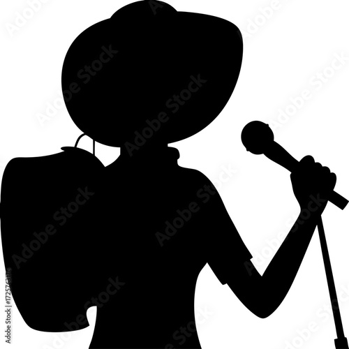 Silhouette of women folk singer holding microphone isolated vector, Traditional music performance illustration, Cultural female singer artwork, Rural folk music line art vector