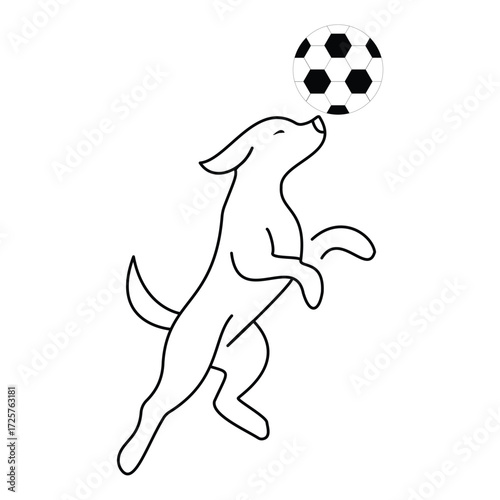 Line art illustration of a playful dog jumping to head a soccer ball isolated on white background