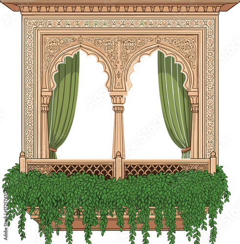 Traditional balcony illustration—ornate archway, green curtains, lattice railing, cascading foliage—Indian architecture vector artwork, heritage, design, elegance, culture