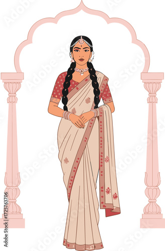 Traditional Indian woman in saree standing before ornate pink archway, cultural attire, heritage architecture, elegance, jewelry, vector illustration, decorative, fashion