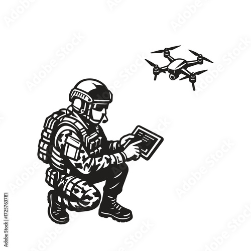 black and white vector illustration of military drone pilot operate with smart gadget