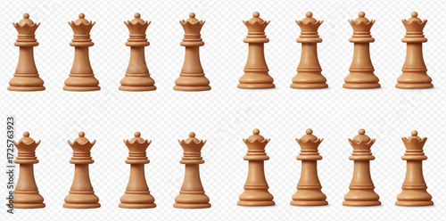 Multiple identical wooden chess queen pieces are neatly arranged in two rows against a transparent background.