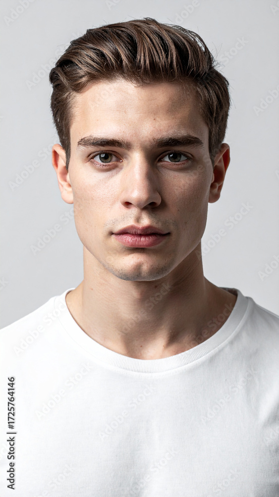 Obraz premium Professional Minimalist Headshot of Young Man in White T Shirt on Light Background