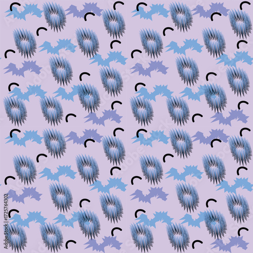 Seamless pattern with different abstract shapes for boho or hippie style in lilac, blue and black