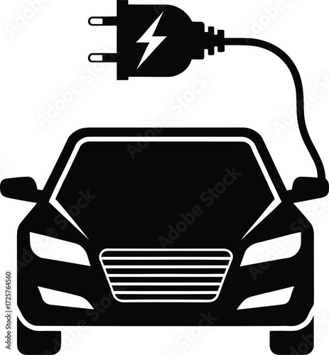 Electric car charging icon, eco vehicle silhouette, plug with lightning symbol, clean energy concept, sustainable transport graphic, modern EV design