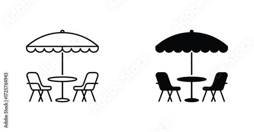 Outdoor patio icon with umbrella, table, and chairs in outline and solid styles—ideal for hospitality, lifestyle, and public space design