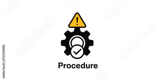 Procedure icon with gear, check mark, and caution symbol—representing verified process, attention, and operational workflow