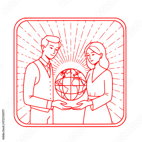 two people - Man and woman holding globe with rays in minimalist illustration  