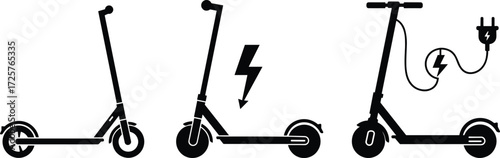 Electric scooter icons, charging symbol, powered mobility, eco transport graphic, silhouette illustration, modern commute, battery vehicle, black and white design