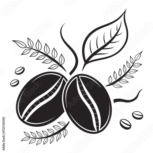A black and white graphic illustration of two coffee beans with leaves and decorative branches.