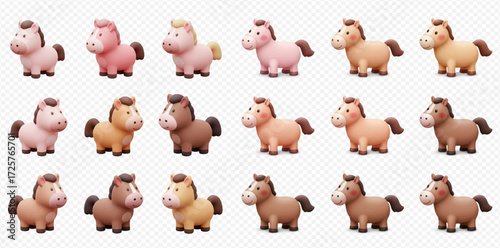 A collection of cute 3D rendered cartoon horses in various pastel and earthy colors on a transparent background.