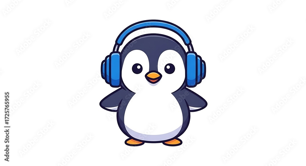 Obraz premium A cartoon penguin with blue headphones on a white background, looking straight ahead with a smile on its face
