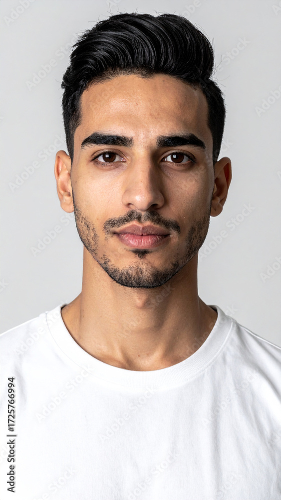Fototapeta premium Professional Minimalist Headshot of Young Man in White T Shirt on Light Background