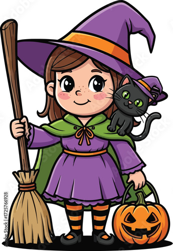 A cartoon witch girl with a black cat on her shoulder holding a broom and a pumpkin basket for candy
