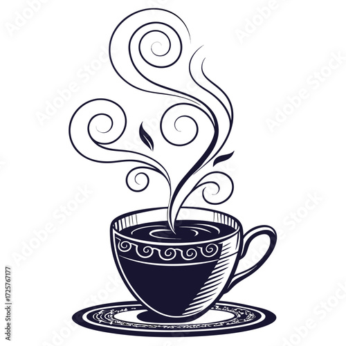 A stylized black and white illustration of a decorative cup and saucer with ornate, swirling steam rising from a hot beverage.