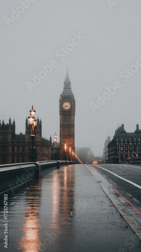 A tranquil, misty cityscape view of the Houses of Parliament and Big Ben on a wet, gray day.