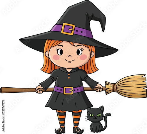A cartoon witch with a black cat wearing a hat and holding a broom on a white background