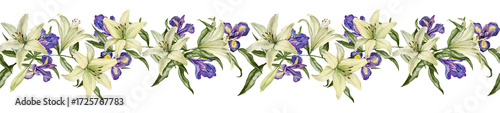A seamless watercolor border of elegant white lilies,  purple irises, and green leaves, isolated on white background. Ideal for wedding invitation or floral-themed designs.