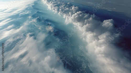 Aerial view of cloud-covered snowy mountain ranges and glimmering water surface, blue-white theme presenting open ethereal natural grandeur and tranquility