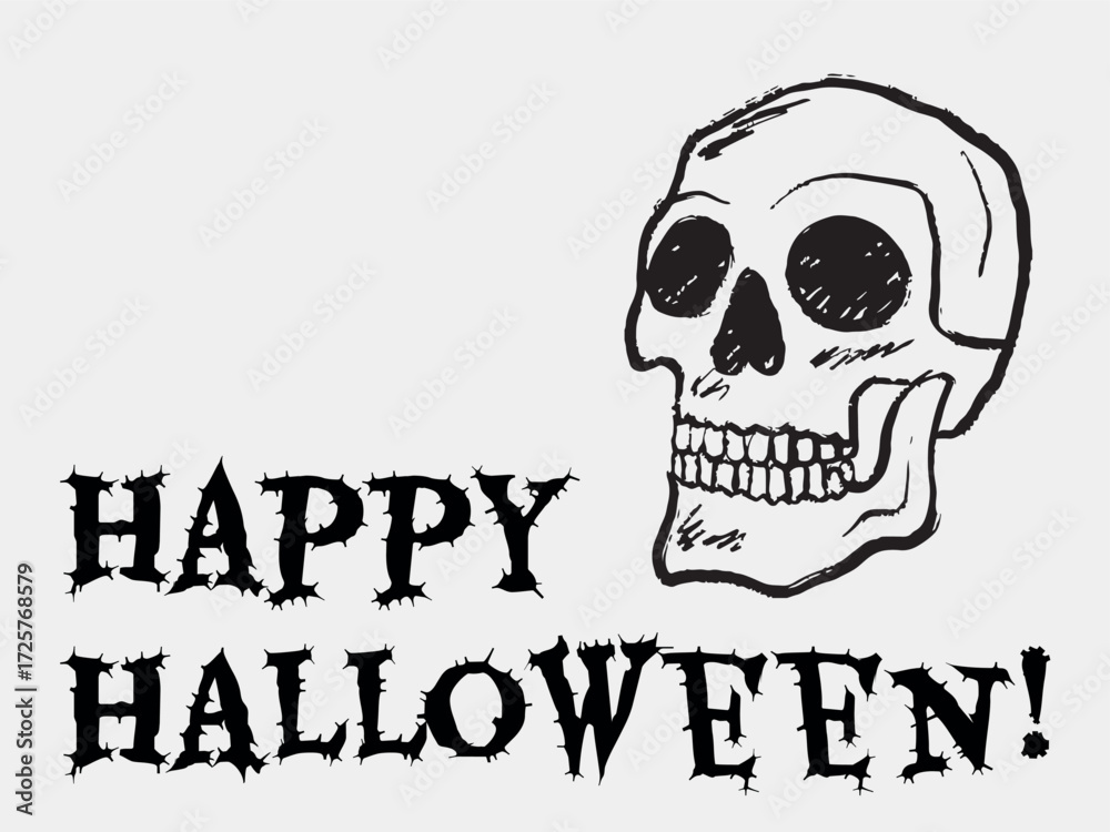 Fototapeta premium Hand drawn happy Halloween greeting card with human skull. Vector sketch illustration in vintage crayon charcoal style. Halloween print design