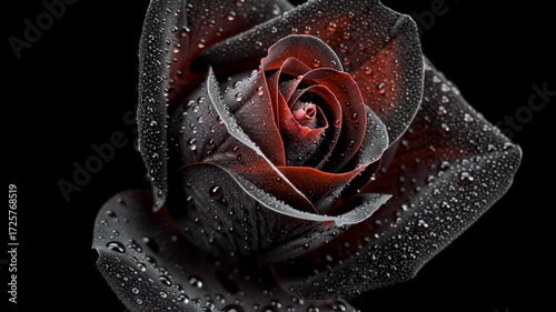 Elegant and beautiful black rose flower with delicate water drop on each dark petal. Unveiling profound mystery and somber romance of this single gothic bloom