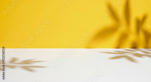 A product shot of a white surface against a yellow background with blurred plant shadows
